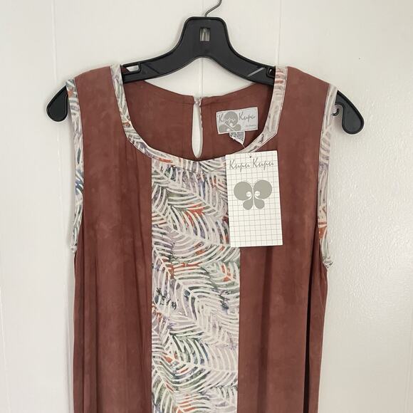 Rust Sleeveless Midi Dress Tropical Art to Wear Tie Back Boho Resort Rayon S NWT - Picture 3 of 9